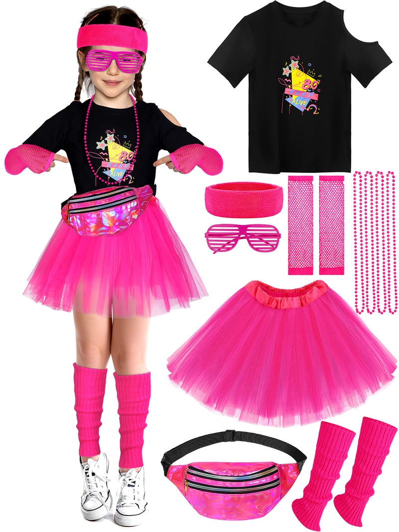 SOMSOC 13 Pieces Kids 80s Costume Accessories Set Girl's 80s Cosplay T-shirt Tutu Outfit Headband Necklace Gloves Leg Warmer - Image 1